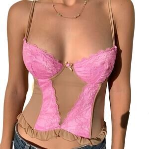 Womens Coquette Y2K Sweetheart Neck Ruffled Sheer Mesh Lace‎ Cami Corset Top L